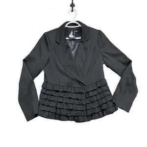 Twelve By Twelve Los Angeles Black Satin Ruffled Peplum Blazer Jacket M VTG Y2K
